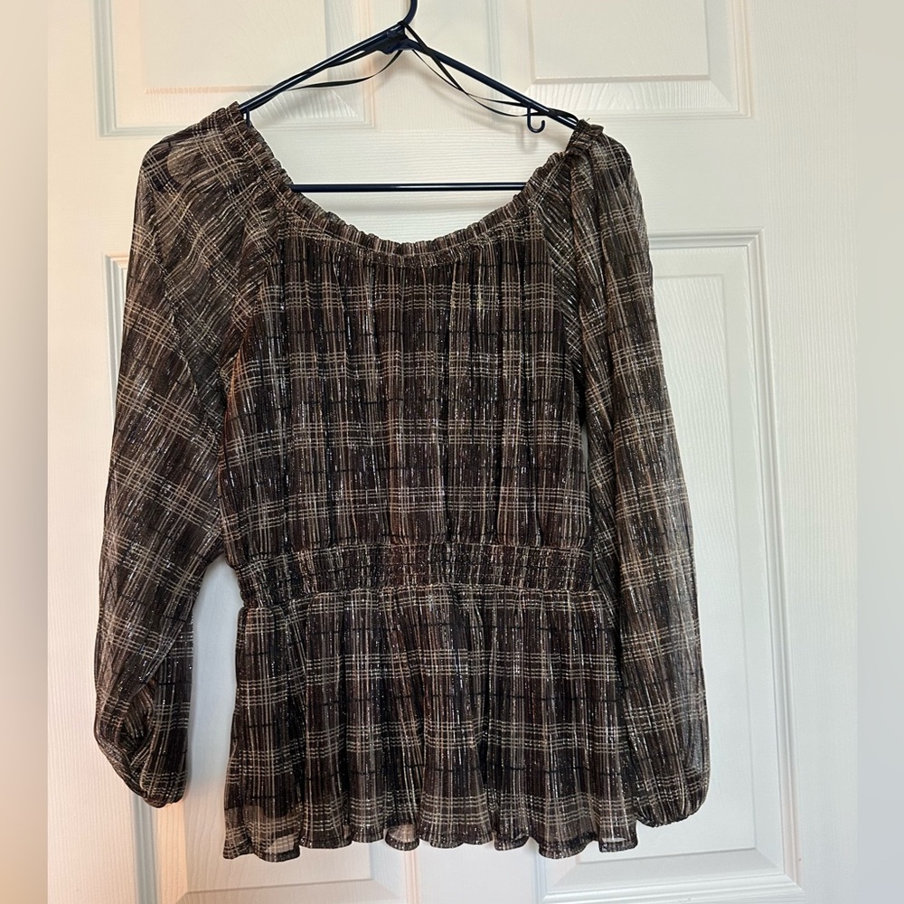 Knox Rose Brown Plaid Peasant Blouse with Cream Accents